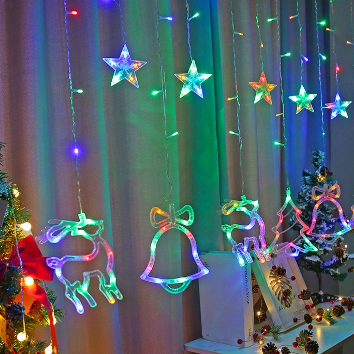 GENERICO - Cortina de Luces Navideñas Reno Campana y Arbolito Multicolor