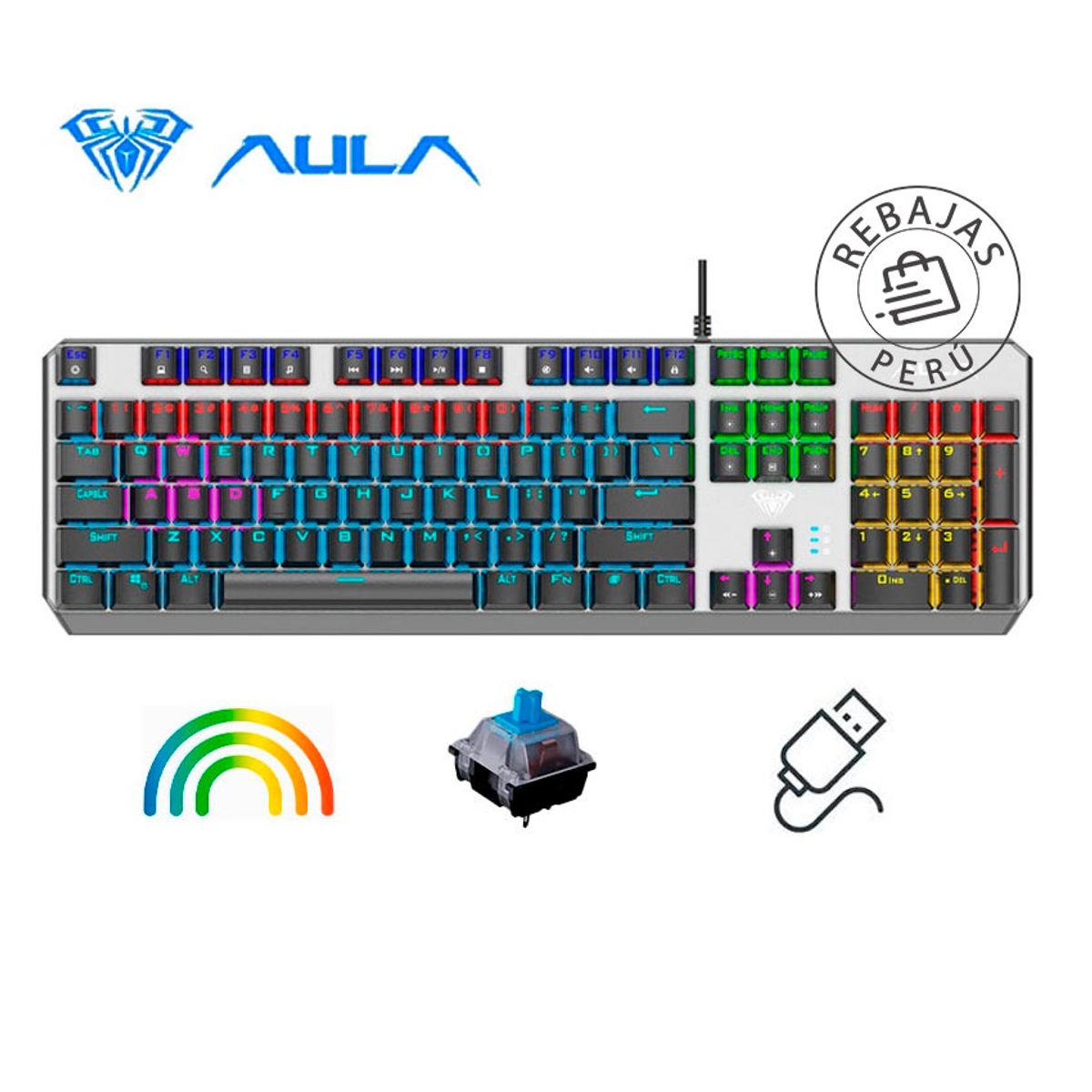 AULA - Teclado Mecánico Aula F2066 II Switch Blue RGB USB para Gaming Oficina