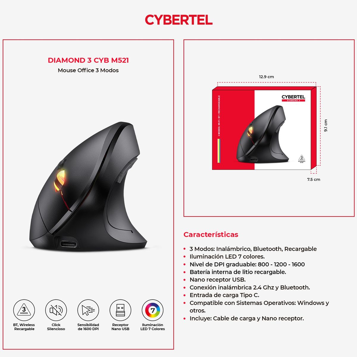 CYBERTEL - MOUSE DIAMOND 3 CYB M521 INALAMBRICO VERTICAL BLUETOOTH RECARGABLE CYBERTEL