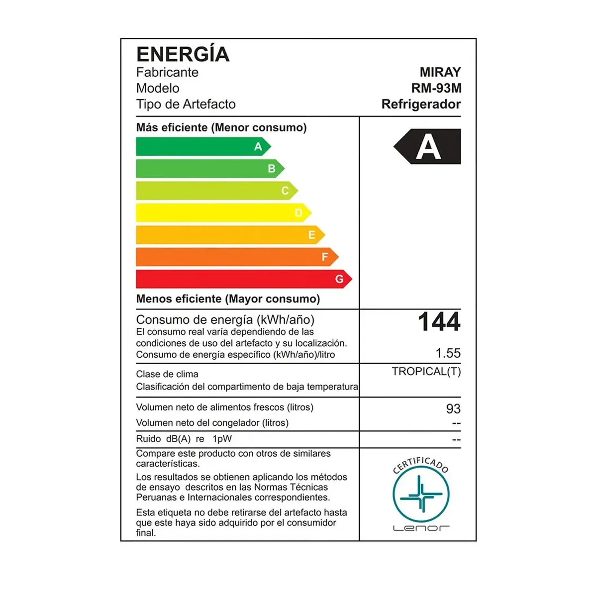 MIRAY - Frigobar-Refrigeradora Miray Con llave 93 LT Negro RM-93M