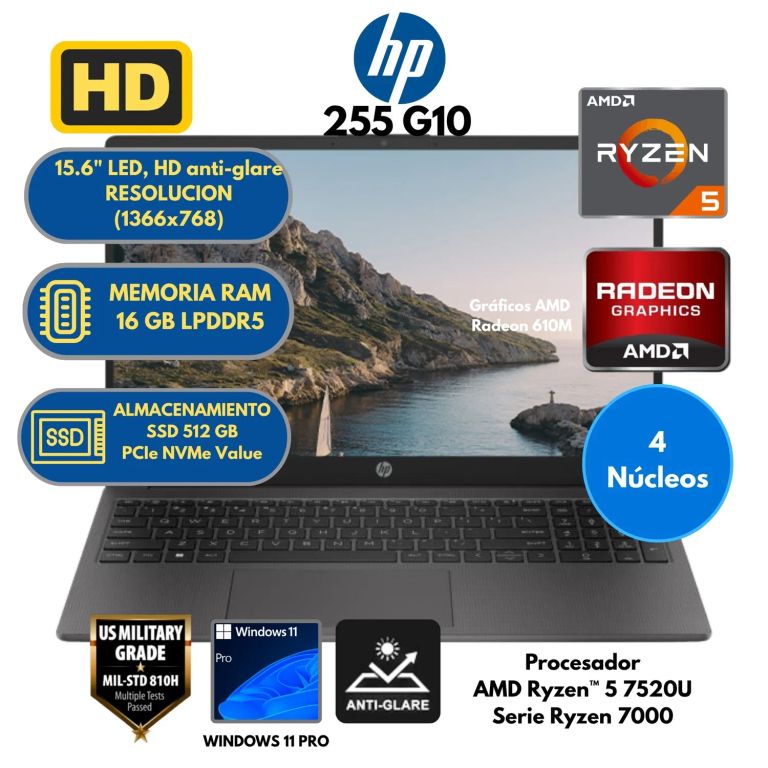 Laptop HP AMD Ryzen 5 (255 G10) RAM 16 GB SSD 512 GB 15,6