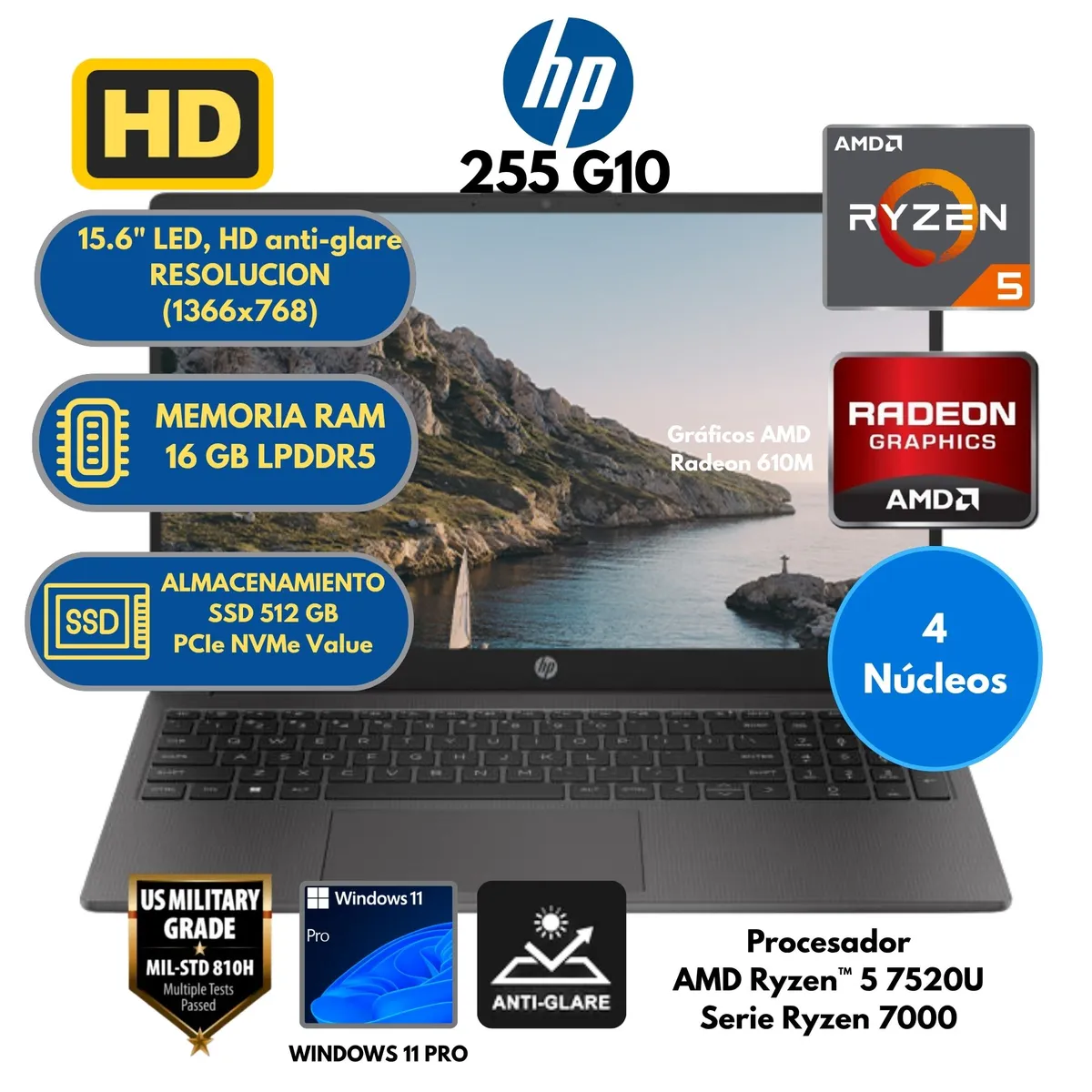 HP - Laptop HP AMD Ryzen 5 (255 G10) RAM 16 GB SSD 512 GB 15,6" LED Windows 11 PRO