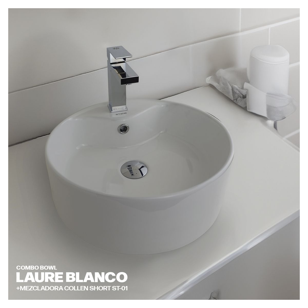 STONE - COMBO LAURE BLANCO+MZC COLLEN SHORT ST-01+DESAGUE POP UP CROMADO 18 CM