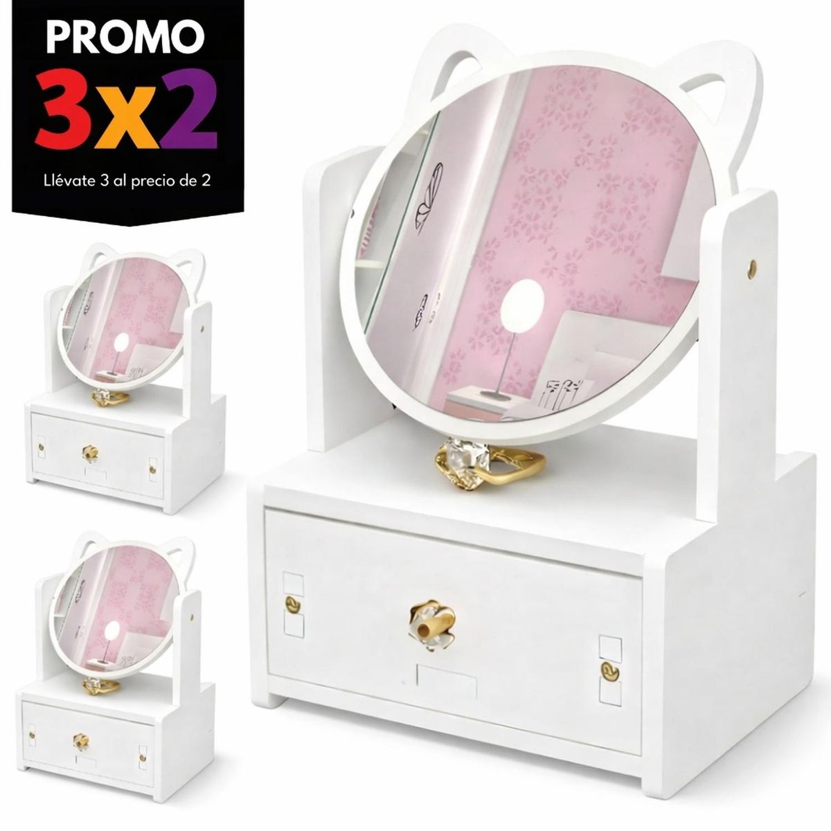 MINARI - Pack x2 Organizador de Maquillaje y Joyas con Espejo Gatito JG1