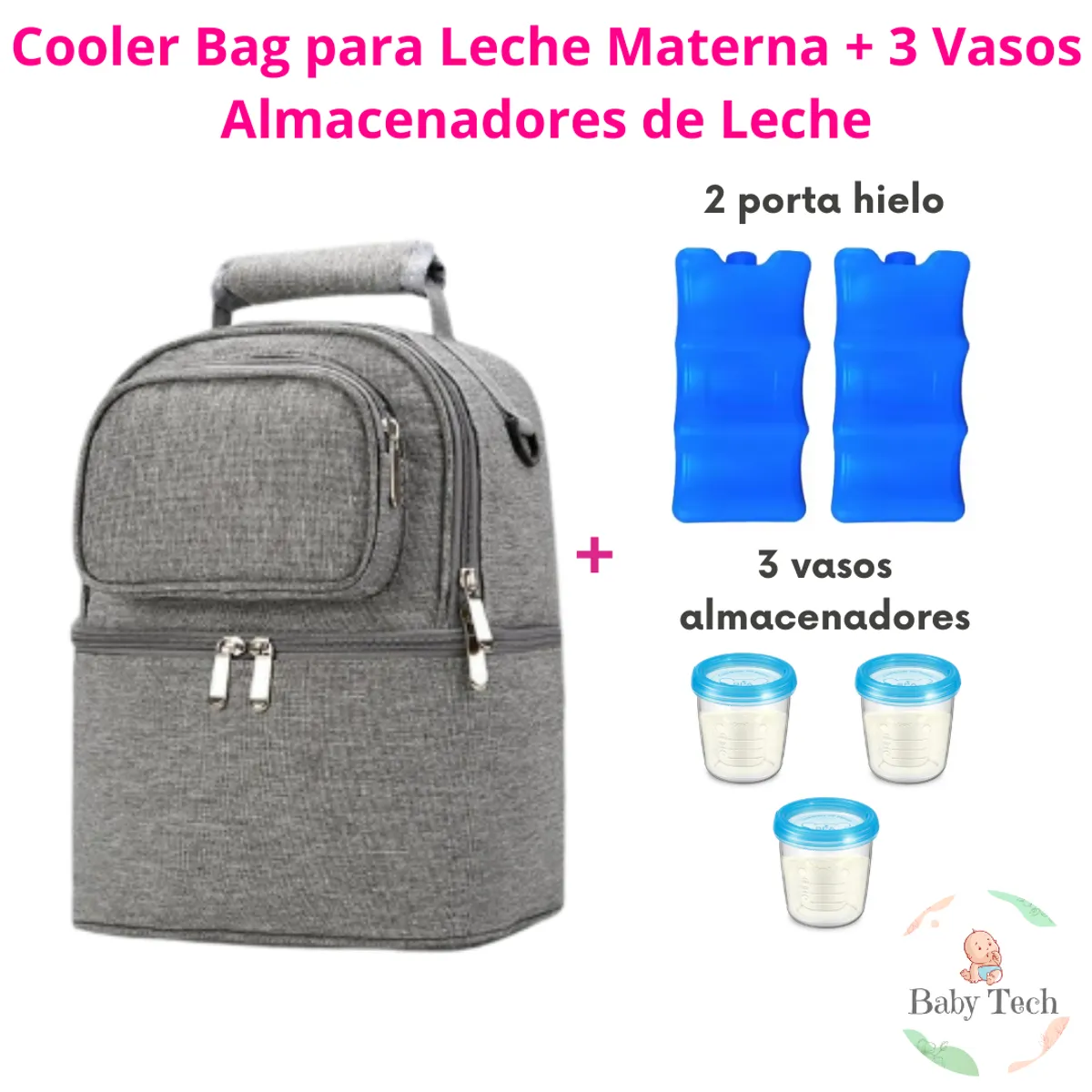 GENERICO - Cooler Bag para Leche Materna + 2 Porta Hielo + 3 vasos