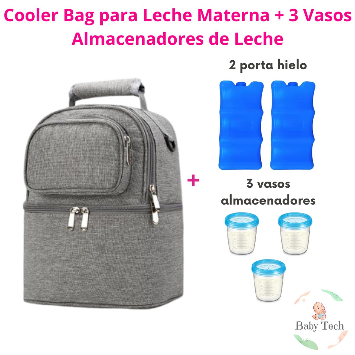 GENERICO - Cooler Bag para Leche Materna + 2 Porta Hielo + 3 vasos
