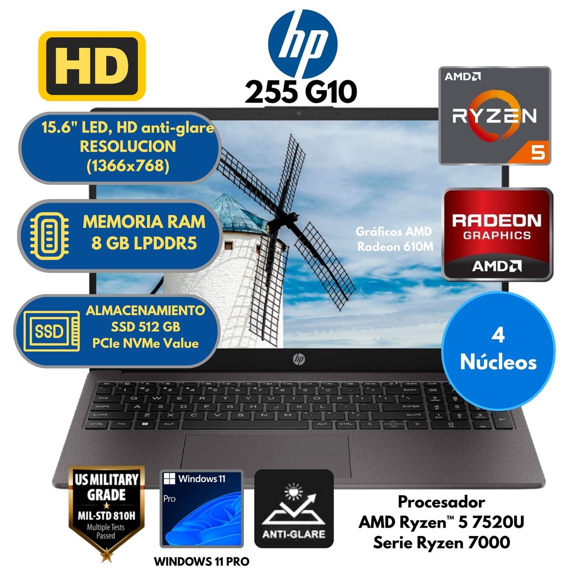 HP - Laptop HP AMD Ryzen 5 (255 G10) RAM 8 GB SSD 512 GB 15,6" LED Windows 11 PRO