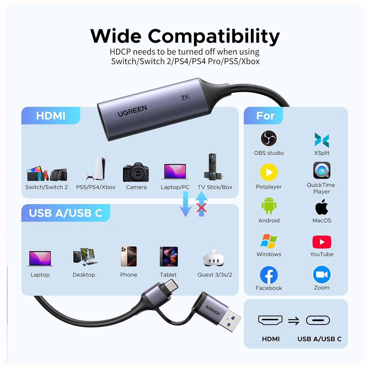 UGREEN - Capturadora de Video UGREEN 2K 30Hz HDMI a USB-A USB-C
