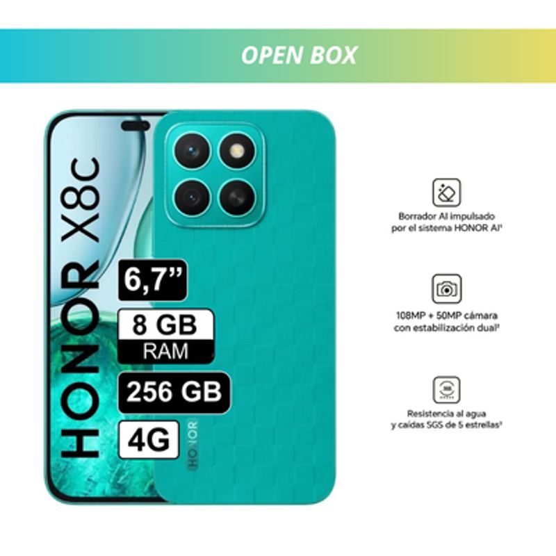 HONOR - Celular Honor X8C 256GB 8GB RAM cámara principal 108MP + 5MP frontal 50MP 65 Pulg Verde - OPEN BOX