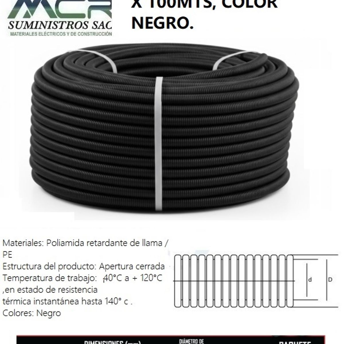 GENERICO - TUBO CORRUGADO 1 / 2" X 100MTS COLOR NEGRO.