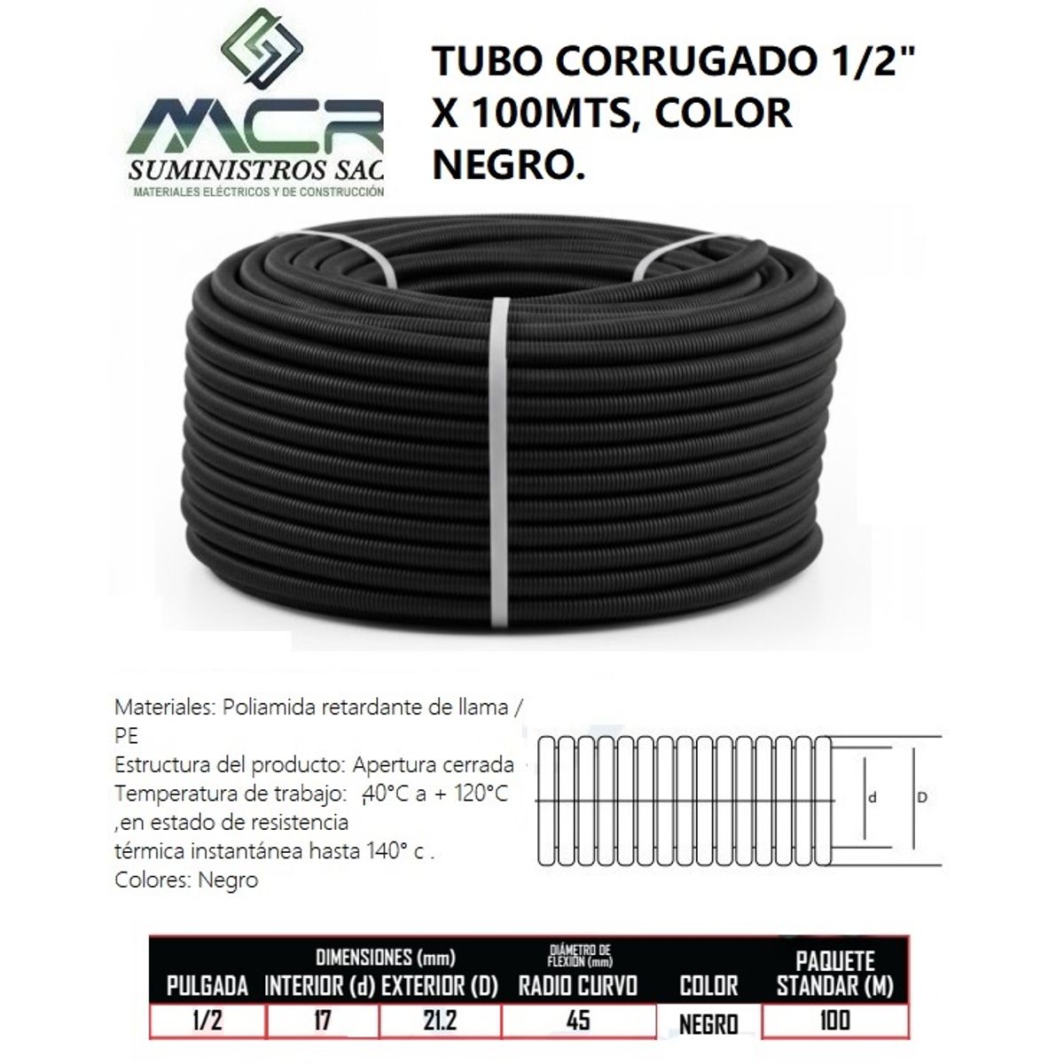 GENERICO - TUBO CORRUGADO 1 / 2" X 100MTS COLOR NEGRO.