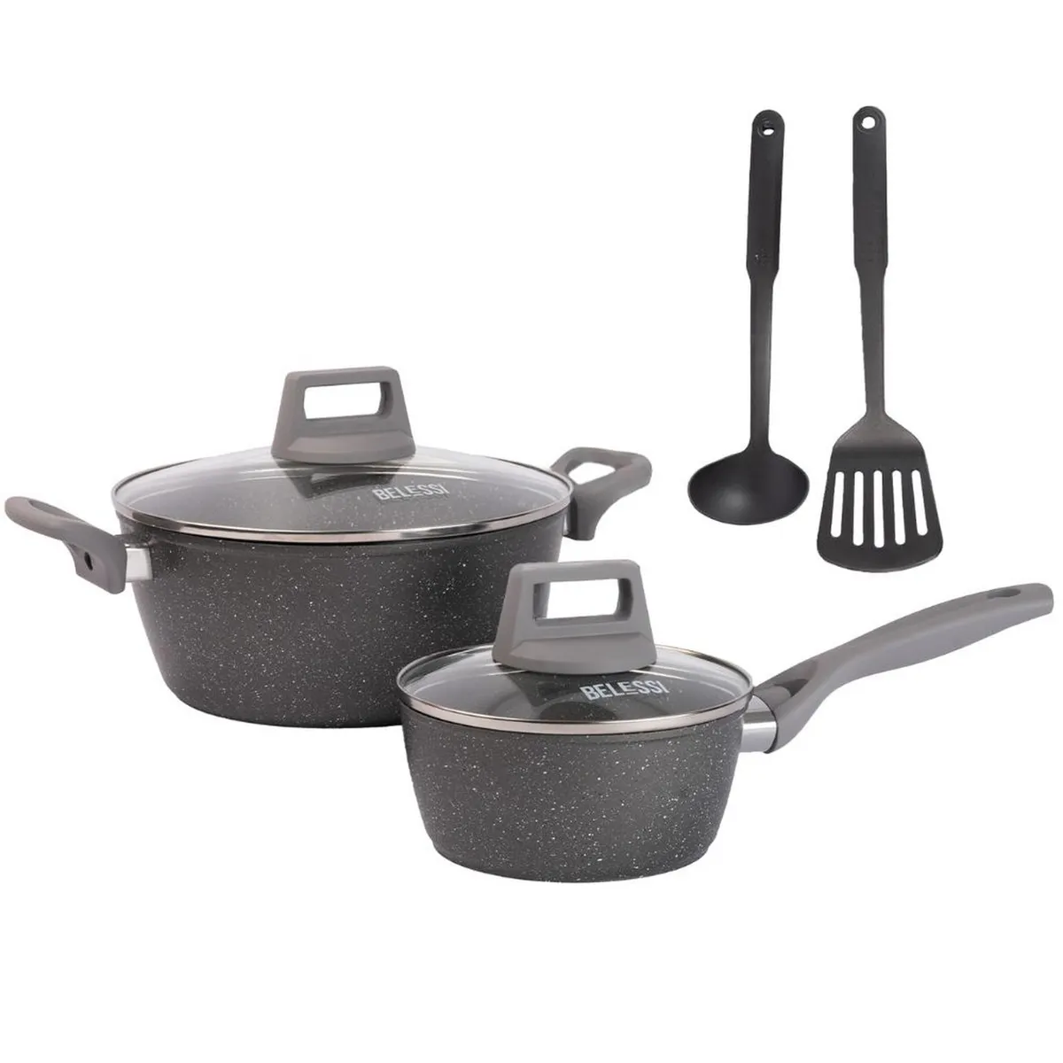 BELESSI - Juego de Ollas Antiadherentes 6 piezas, Mango Soft Touch, Tapa de Vidrio y Utensilios