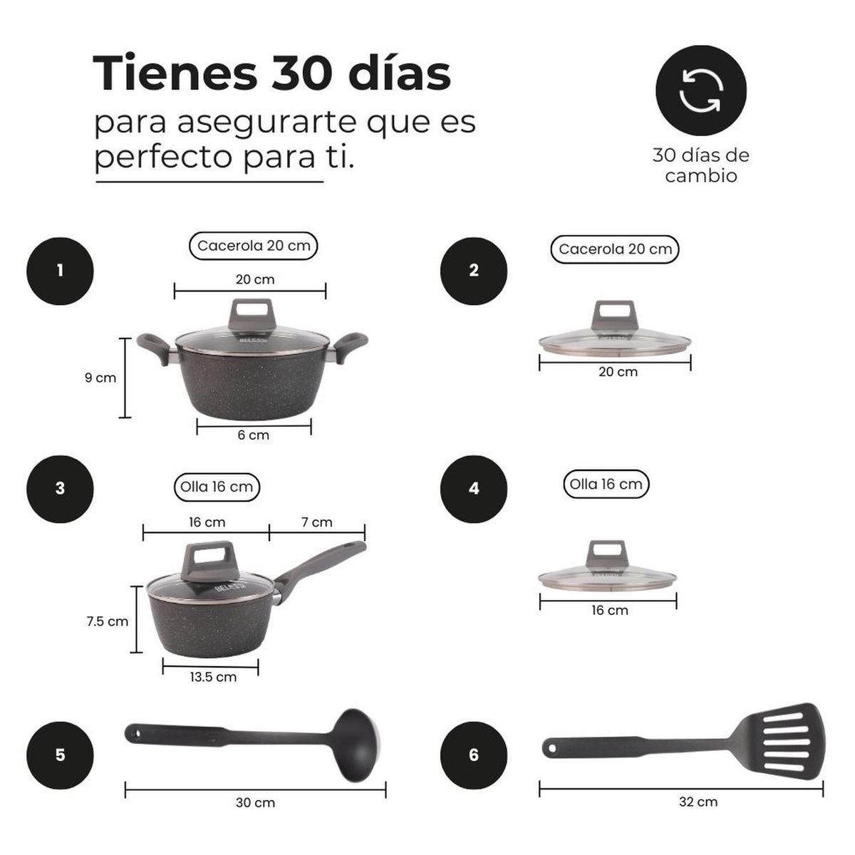 BELESSI - Juego de Ollas Antiadherentes 6 piezas, Mango Soft Touch, Tapa de Vidrio y Utensilios