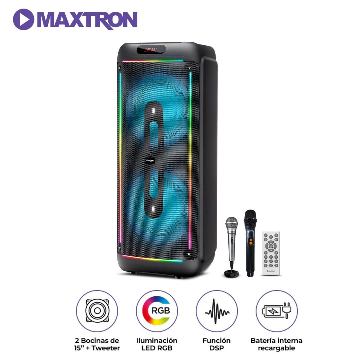 MAXTRON - Torre de Sonido Portátil Maxtron MX1502DL Furacao BT USB Función DSP