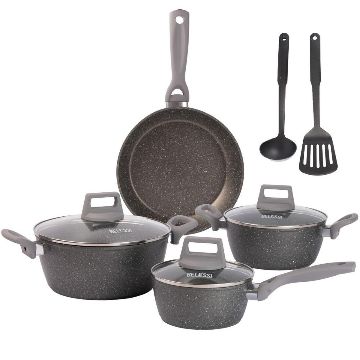 BELESSI - Juego de Ollas Antiadherentes 9 piezas, Mango Soft Touch, Tapa de Vidrio y Utensilios