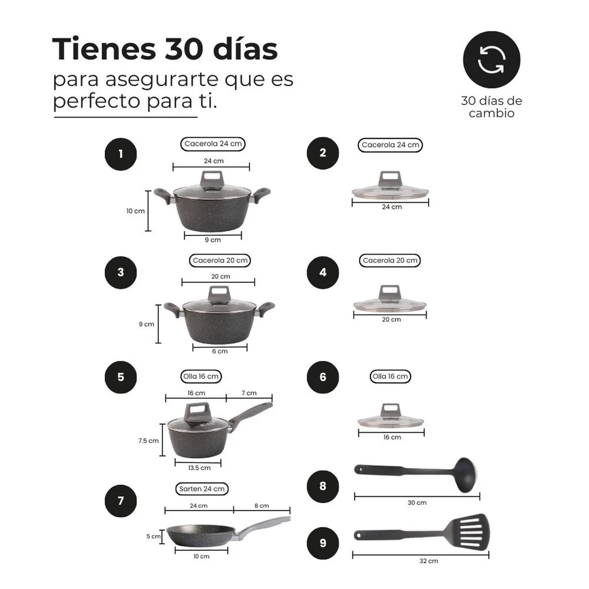 BELESSI - Juego de Ollas Antiadherentes 9 piezas, Mango Soft Touch, Tapa de Vidrio y Utensilios