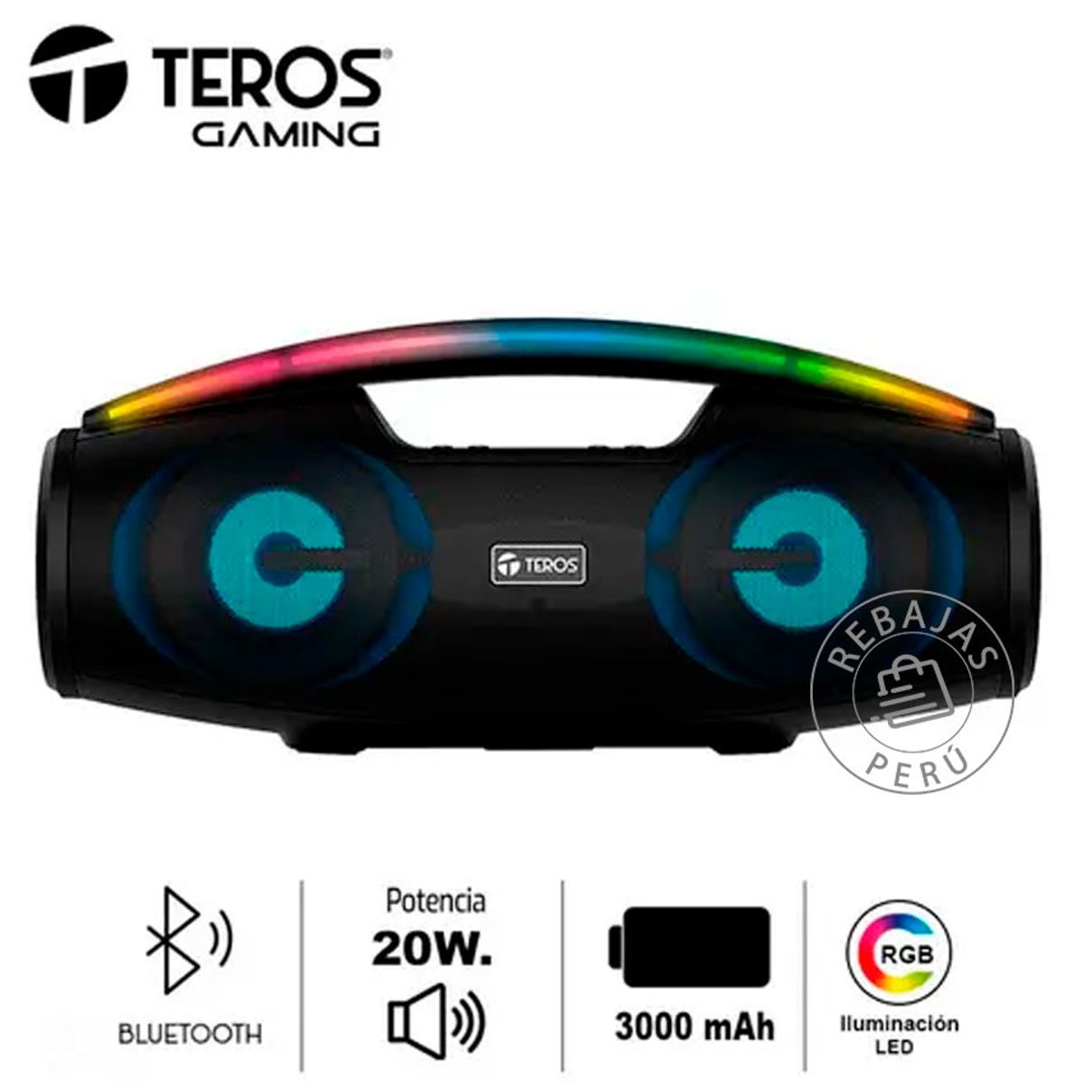TEROS - Parlante TEROS TE-6042N Bluetooth 20W LED USB FM 3000mAh Negro
