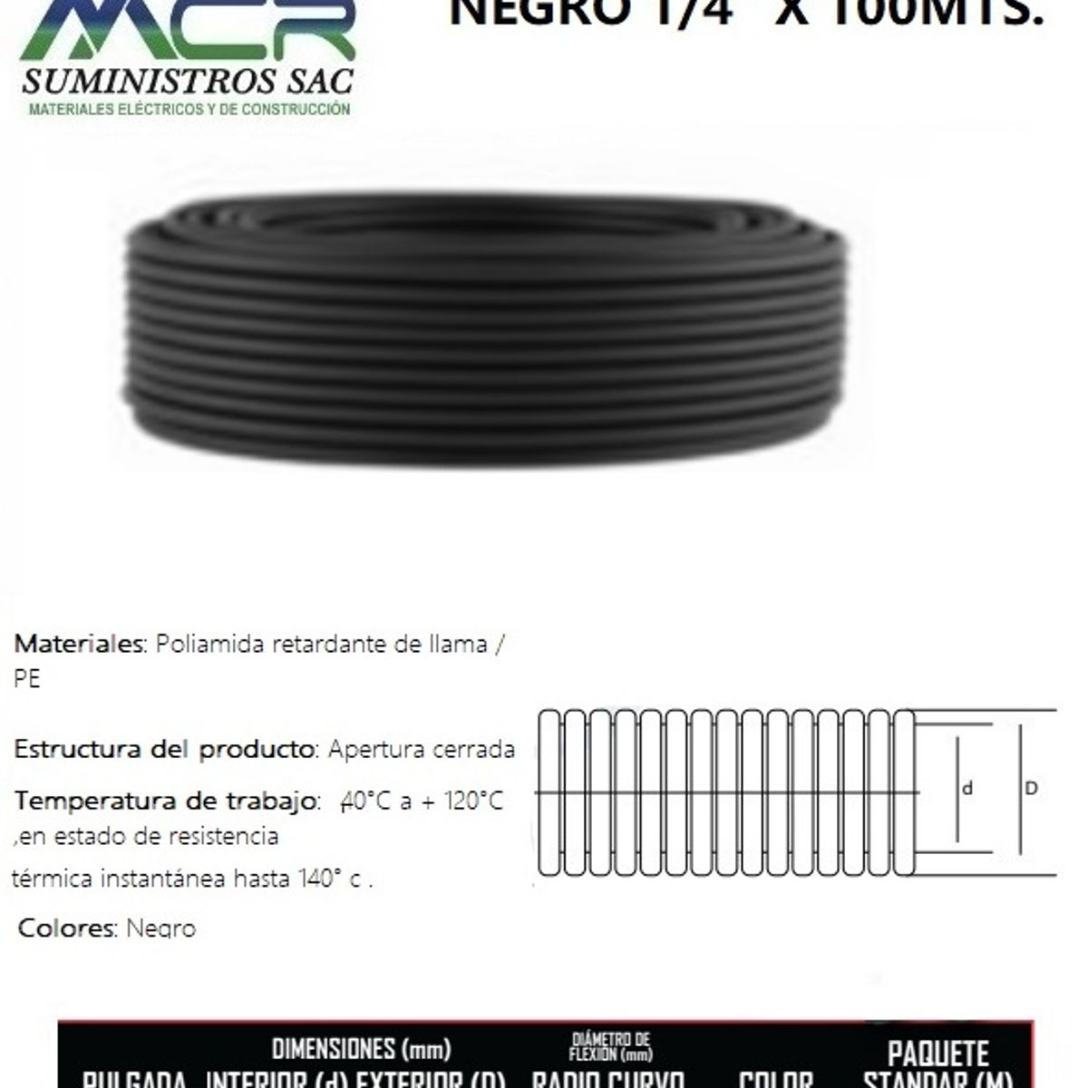 GENERICO - TUBO CORRUGADO 1 / 4" X 100MTS COLOR NEGRO.