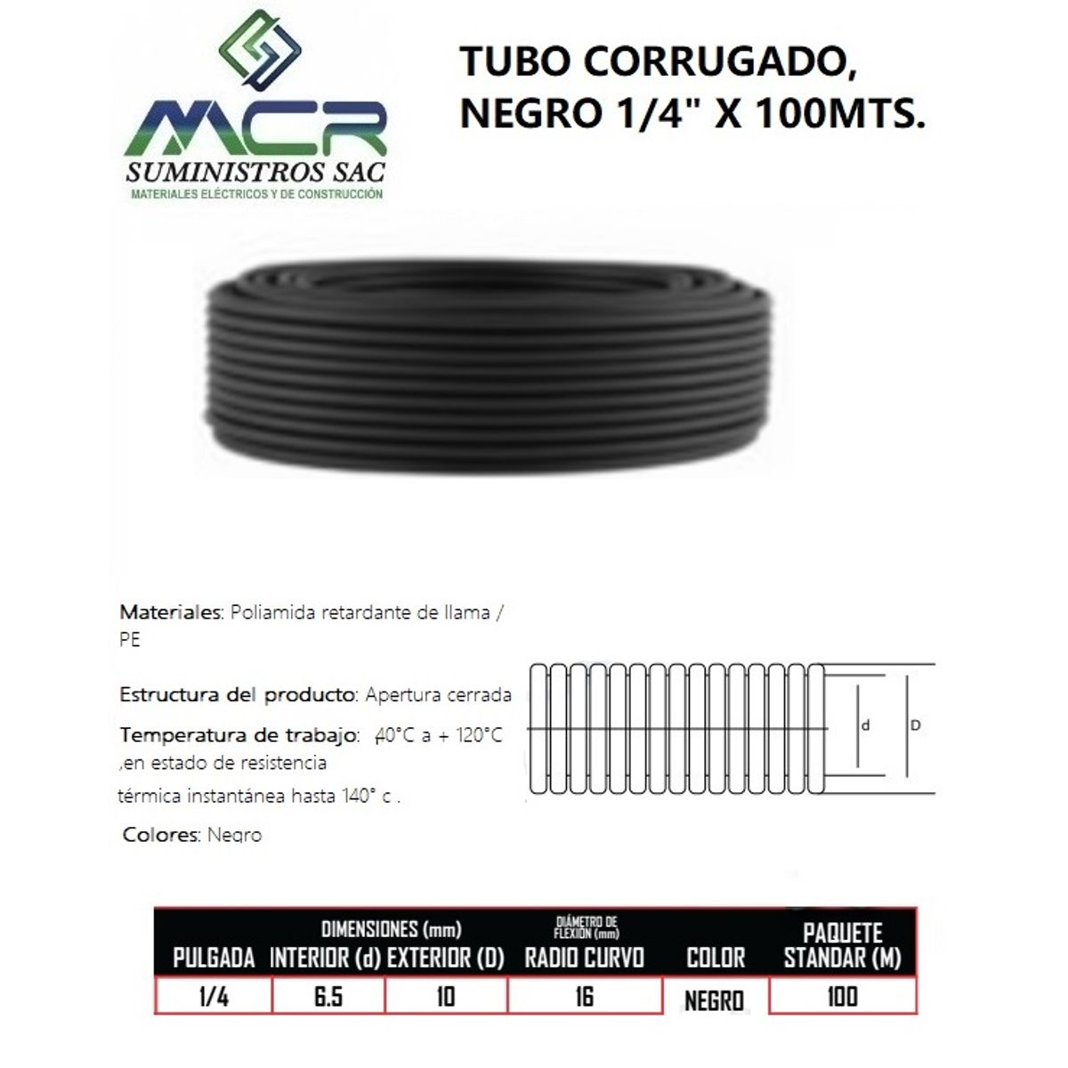 GENERICO - TUBO CORRUGADO 1 / 4" X 100MTS COLOR NEGRO.
