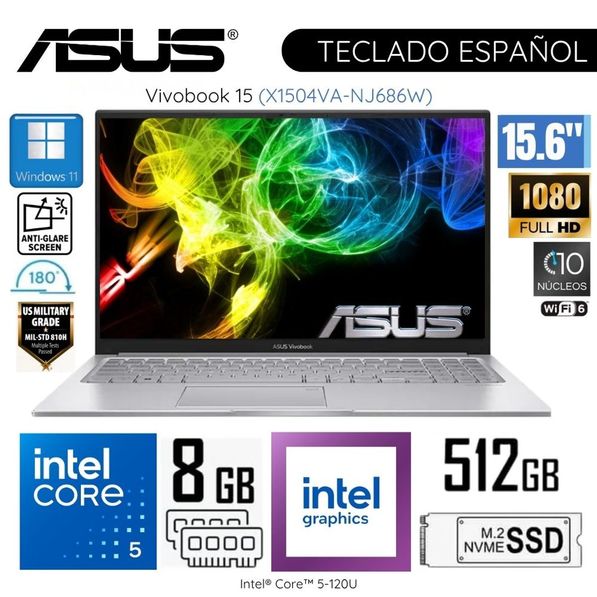 ASUS - Laptop Asus Vivobook X1504VA-NJ686W Intel Core5-120U 8GB RAM 512GB SSD 15.6" Pulg. FHD Wind 11
