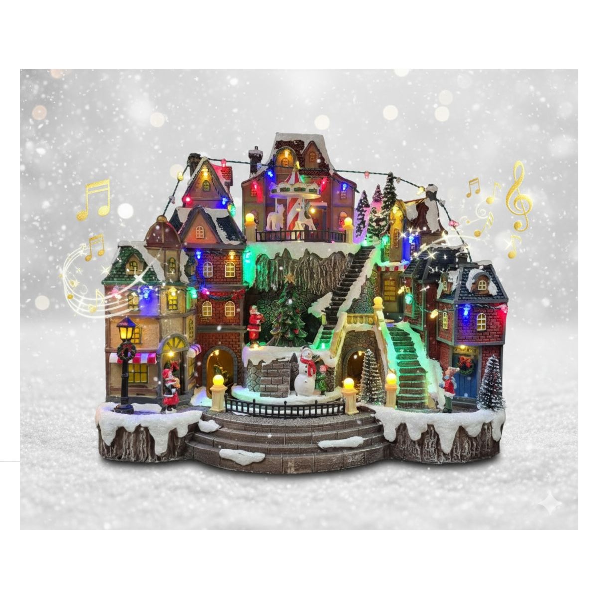 GENERICO - Villa Pueblo Navideño Árbol Tren y Carrusel Giratorio Musical Luz Led