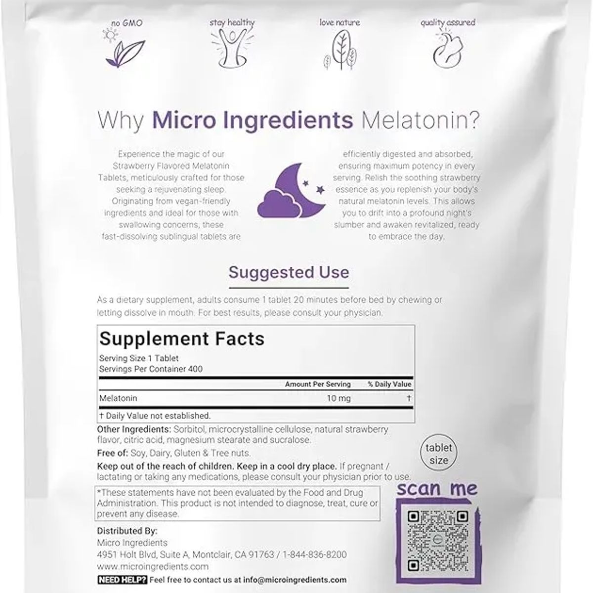 MICRO - Melatonina 10 mg, 400 tabs, Sabor a fresa + 28 parche para dormir