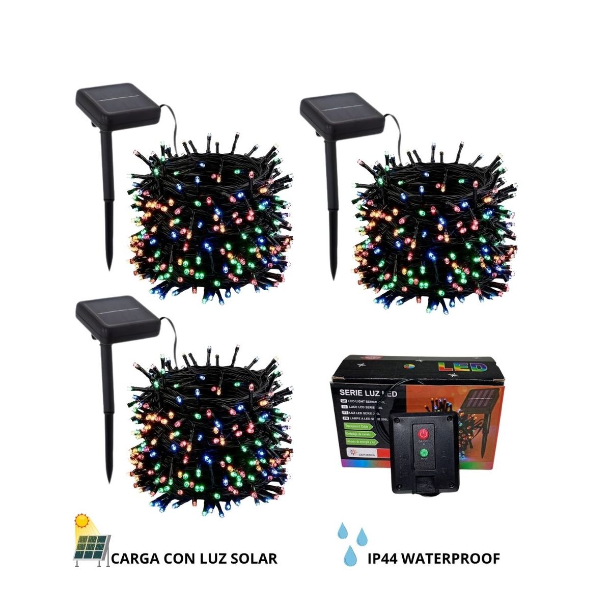 GENERICO - Pack x3 Luces Navideñas Multicolor 10mts con Panel Solar