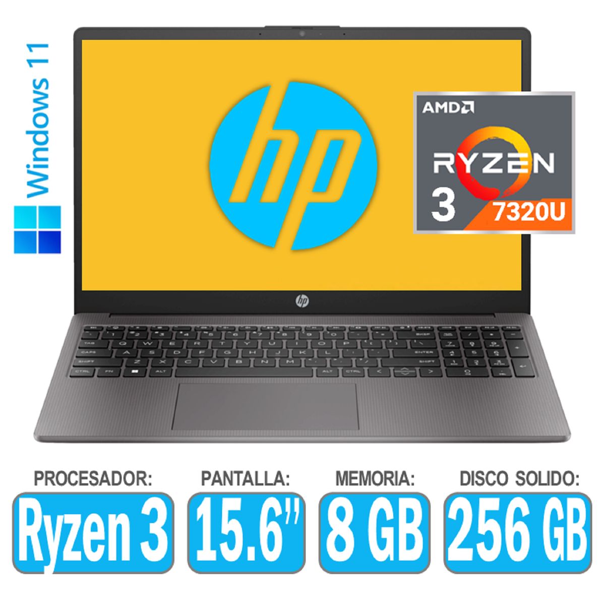 HP - Laptop HP RYZEN 3-7320U RAM 8gb SSD 256gb Windows Pantalla 15.6 HP 255 G10