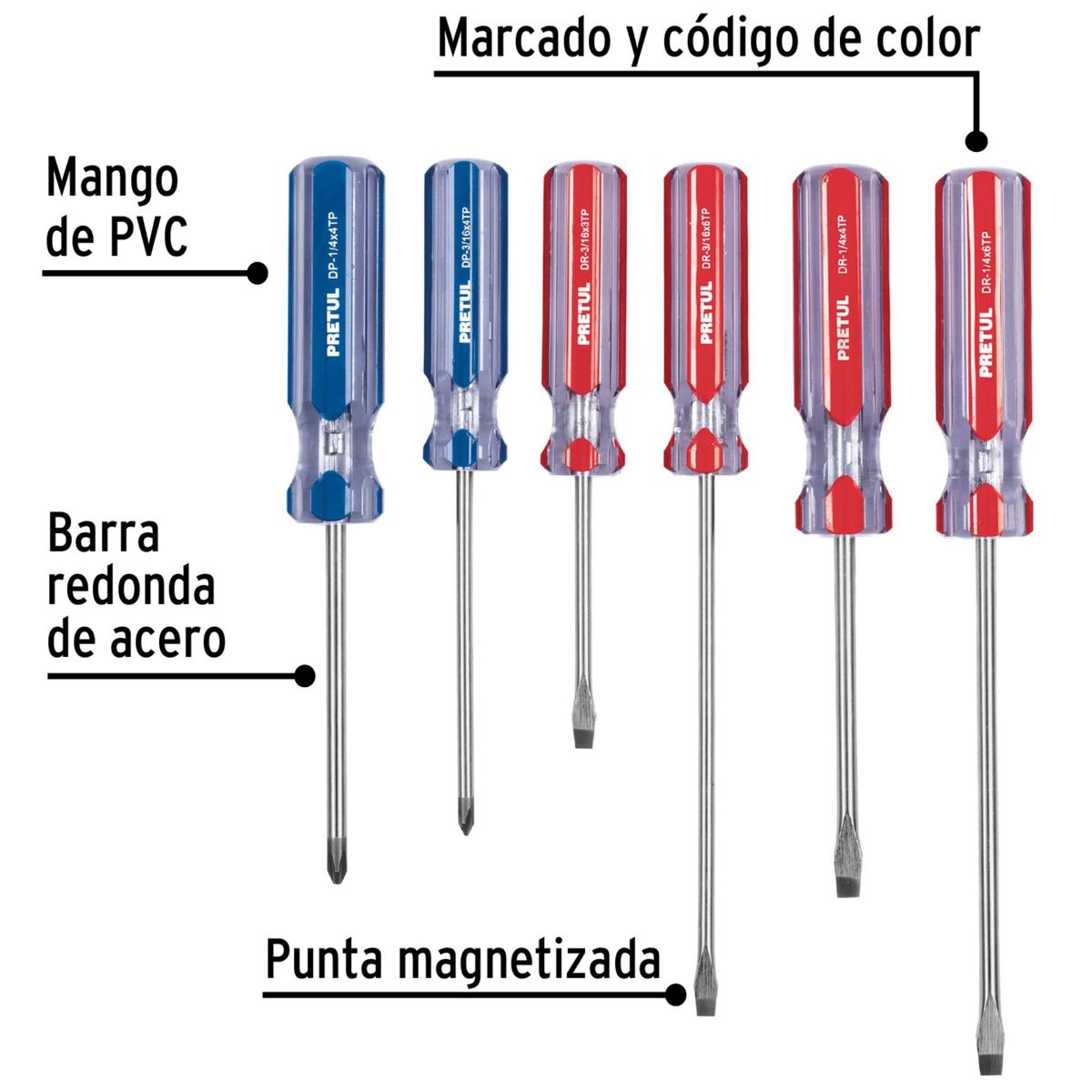 PRETUL - Desarmadores magnéticos Juego de 6 mango de PVC, Pretul
