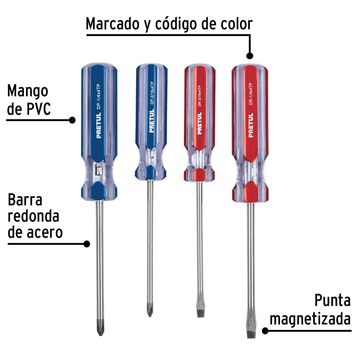 PRETUL - Desarmadores magnéticos Juego de 4 mango de PVC, Pretul