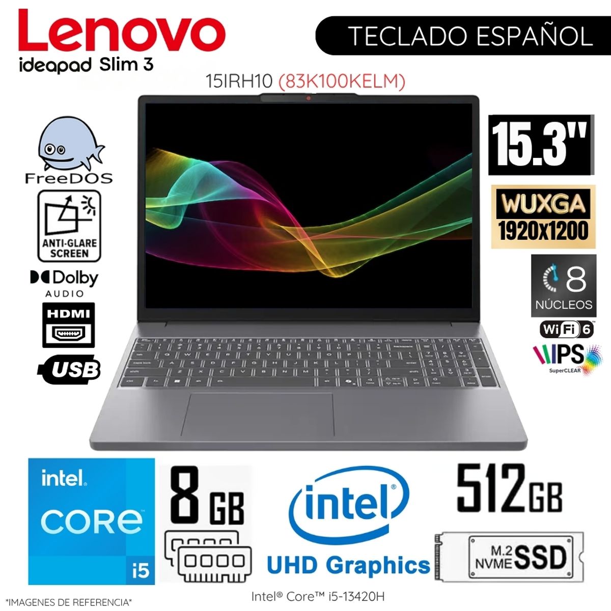 LENOVO - Laptop Lenovo Ideapad Slim 3 15IRH10 Intel Corei5-13420H 8GB RAM 512GB SSD 15.3"  WUXGA FreeDos