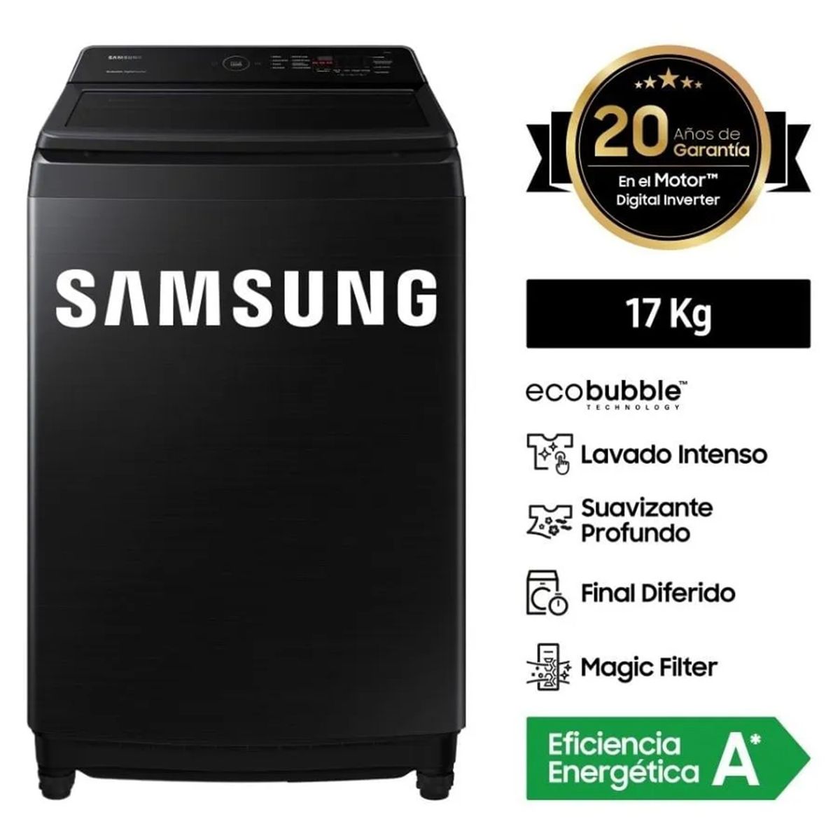 SAMSUNG - Lavadora Samsung Carga Superior 17 Kg Negro WA17CG6441BVPE