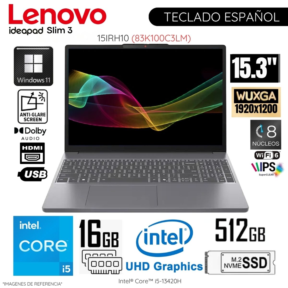 LENOVO - Laptop Lenovo IdeaPad Slim 3 Intel Core i5-13420H 16GB RAM 512GB SSD 15.3" WUXGA IPS - 83K100C3LM
