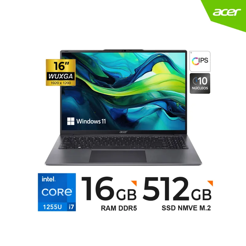 ACER - Laptop Acer Aspire Intel Core i7-1255U Hasta 4.7Ghz/10Core/16"/16GB/sólido 512GB/Windows 11