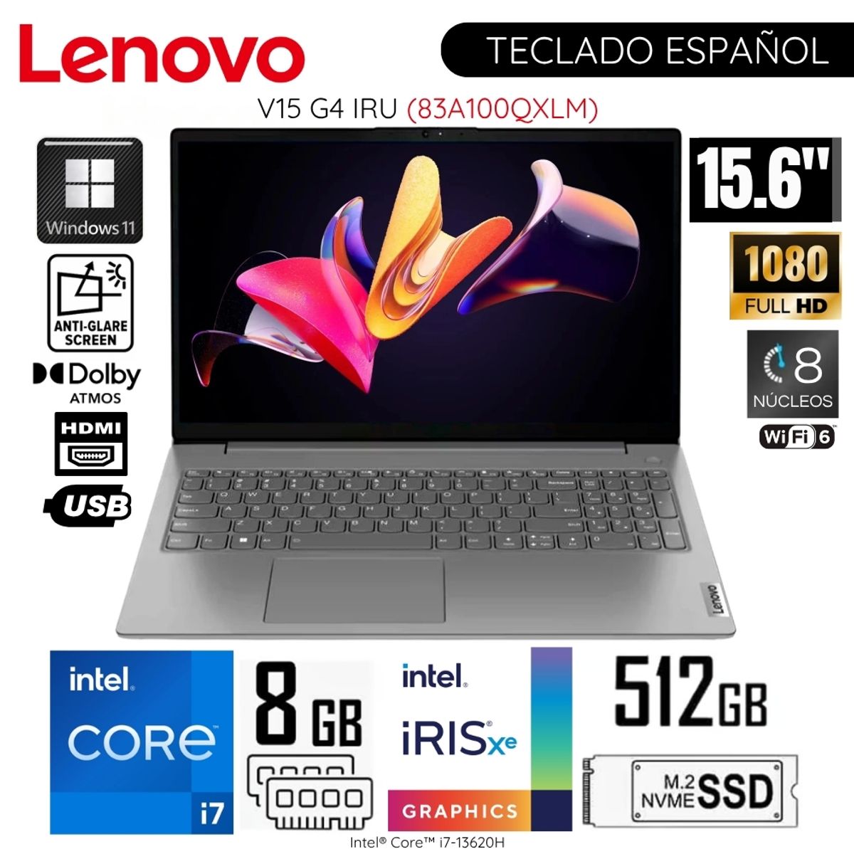 LENOVO - Laptop Lenovo V15 G4 IRU Intel Core I7-13620H 8GB RAM 512GB SSD 156 FHD WIN11 - 83A100QXLM