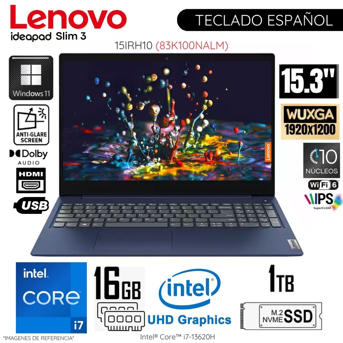 LENOVO - Laptop Lenovo Ideapad Slim 3 15IRH10 Intel Core i7-13620H 16GB RAM 1TB SSD 15.3"  WUXGA - 83K100NALM