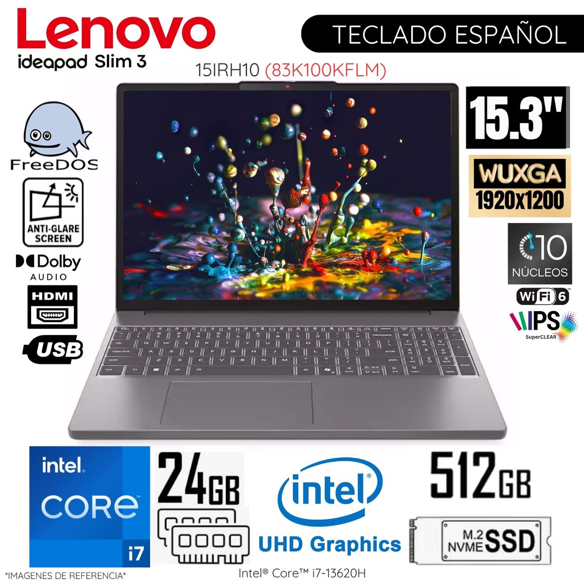 LENOVO - Laptop Lenovo Ideapad Slim 3 15IRH10 Intel Core i7-13620H 24GB RAM 512GB SSD 15.3"  WUXGA FreeDos - 83K100KFLM