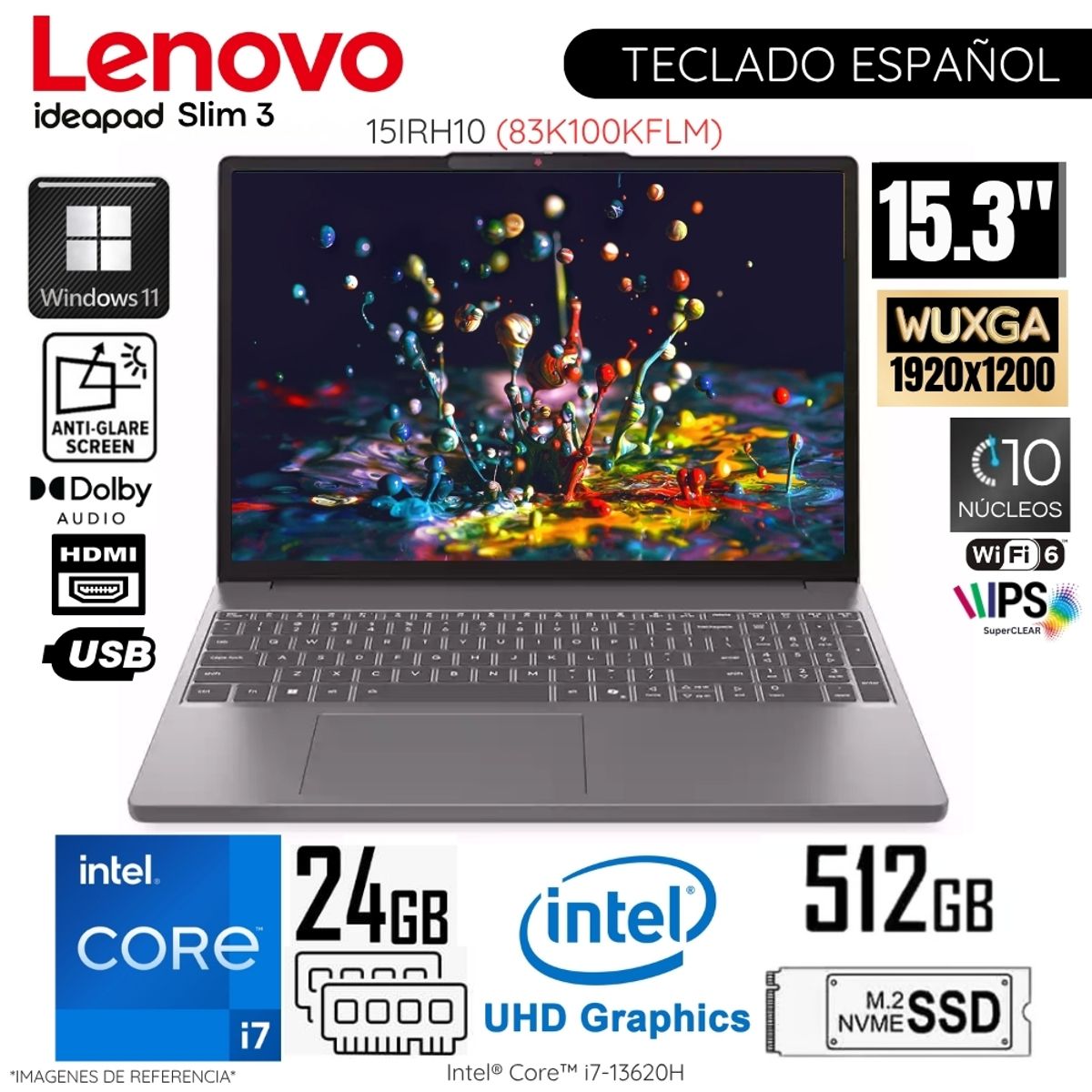 LENOVO - Laptop Lenovo Ideapad Slim 3 15IRH10 Intel Core i7-13620H 24GB RAM 512GB SSD 15.3"  WUXGA WIN11- 83K100KFLM