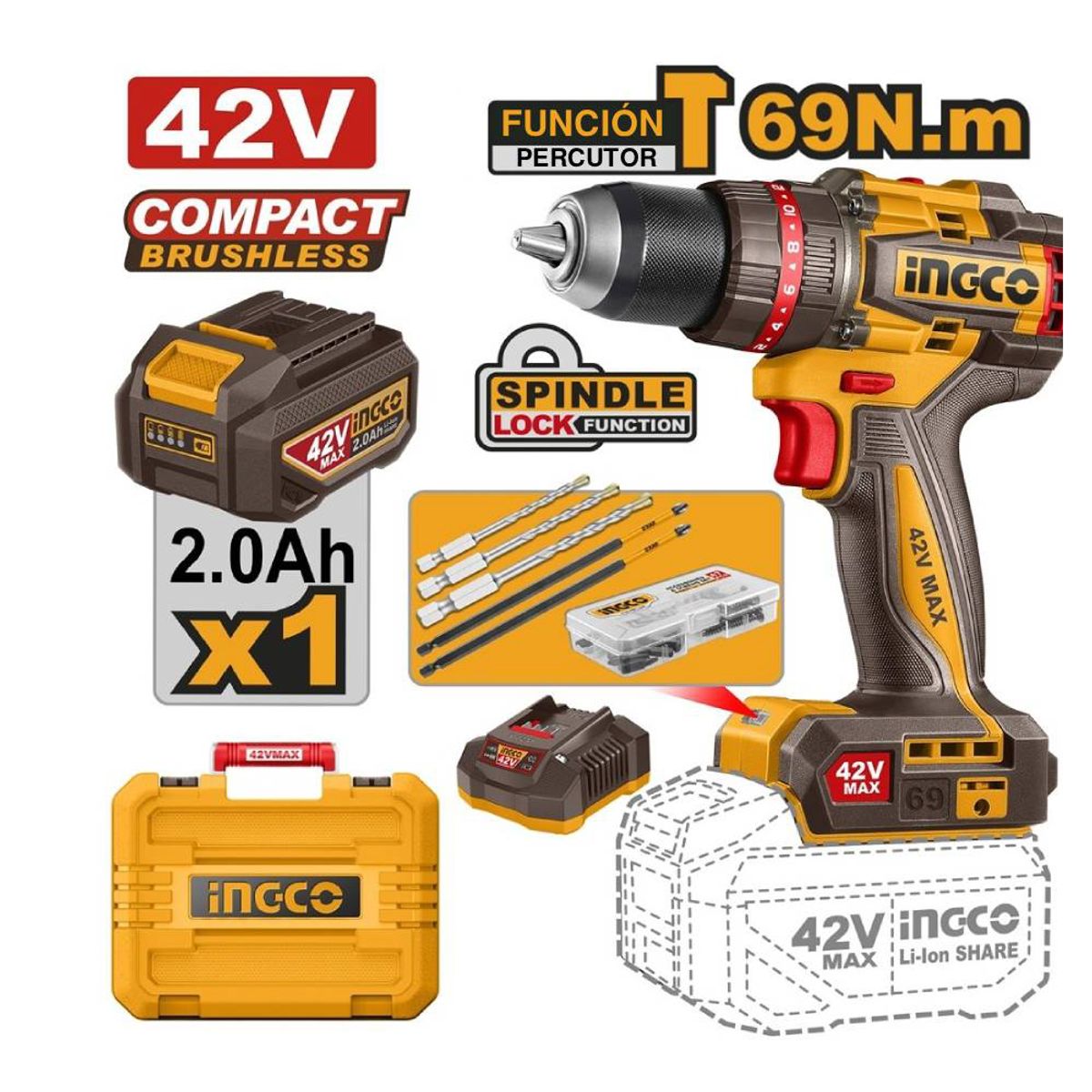 INGCO TOOLS - PERCUTOR BRUSHLESS INGCO 42V 69NM + 1 BATERÍA CON CARGADOR CIDLI426981