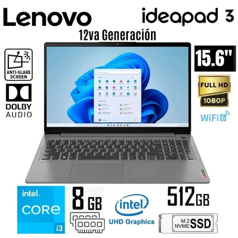 LENOVO - Laptop Lenovo IdeaPad 3 15IAU7 Intel Core i3-1215U 8GB RAM 512GB SSD 15.6” FHD - Arctic Grey