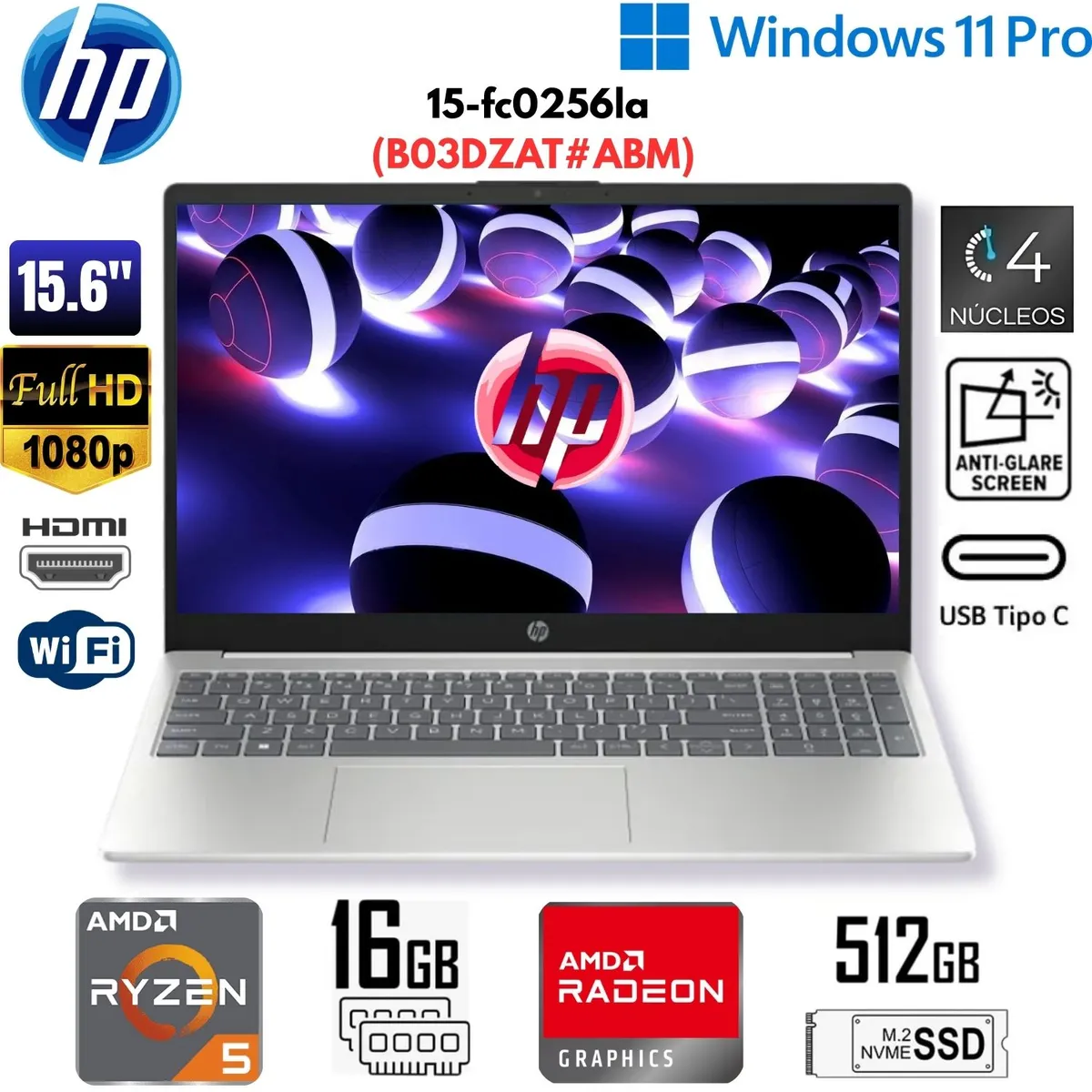 HP - LAPTOP HP 15-fc0256la 15.6 RYZEN 5 7520U FHD RAM 16GB SSD 512GB W11