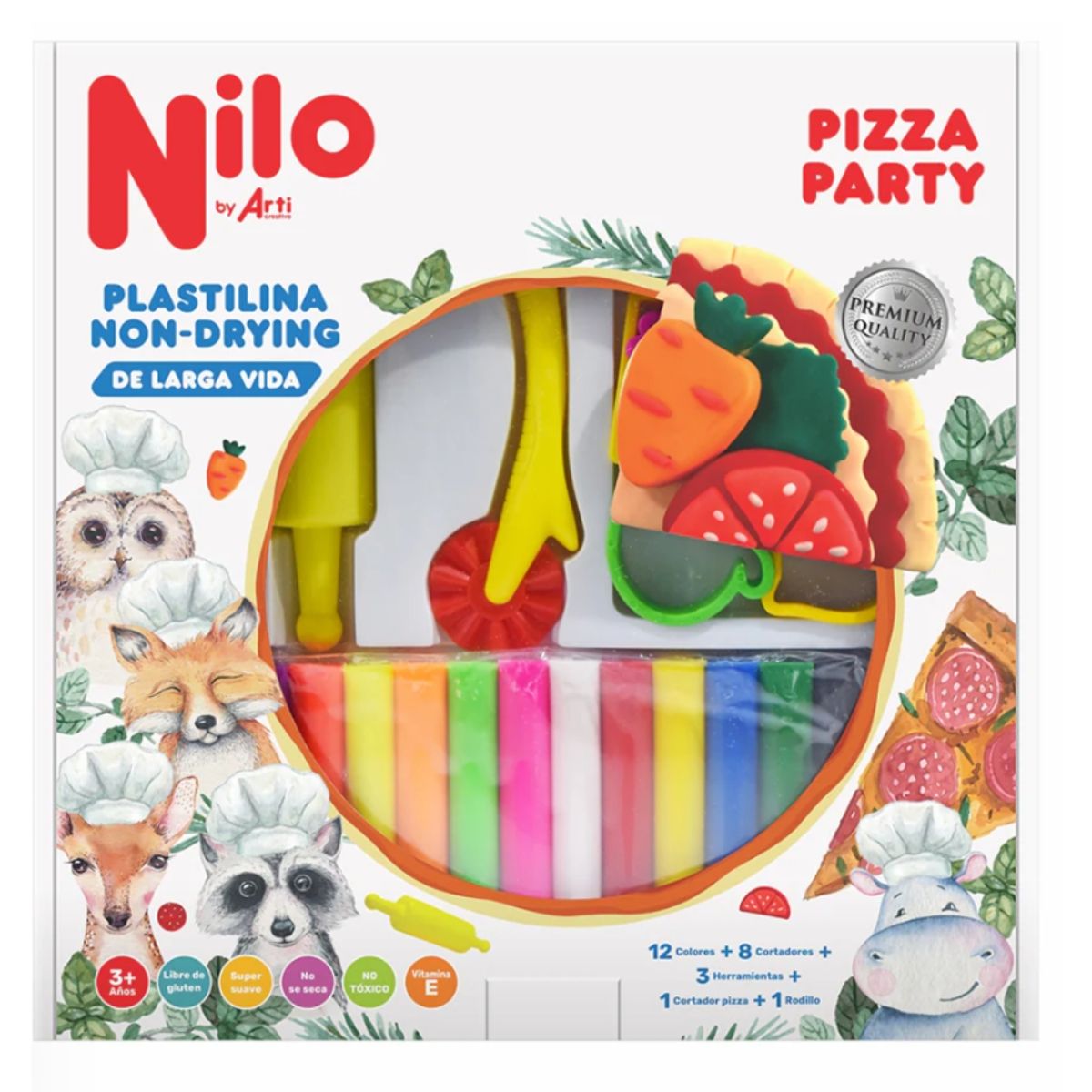 ARTI CREATIVO - Plastilina Pizza Party: 12 Plastilinas + 8 cortadores + 3 Herramientas + 1 Rodillo