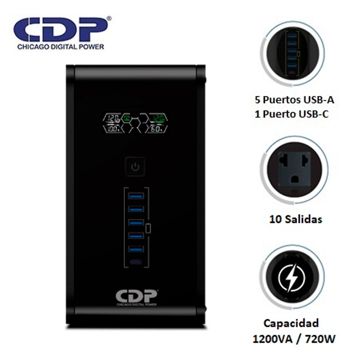 CDP - UPS CDP R-SMART 1210I 1200VA /720W/10 SALIDAS/5 PORT USB-A /1  PORT USB-C BLACK