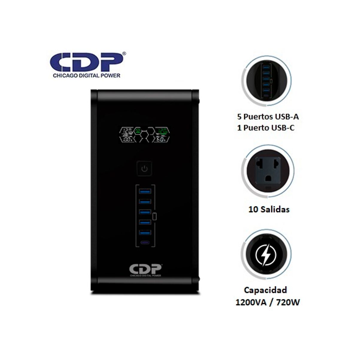 CDP - UPS CDP R-SMART 1210I 1200VA /720W/10 SALIDAS/5 PORT USB-A /1  PORT USB-C BLACK