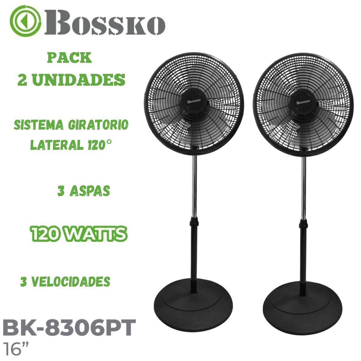 BOSSKO - Pack 2 unidades Ventilador de Pedestal Bossko BK-8306PT 16 pulgadas con Temporizador