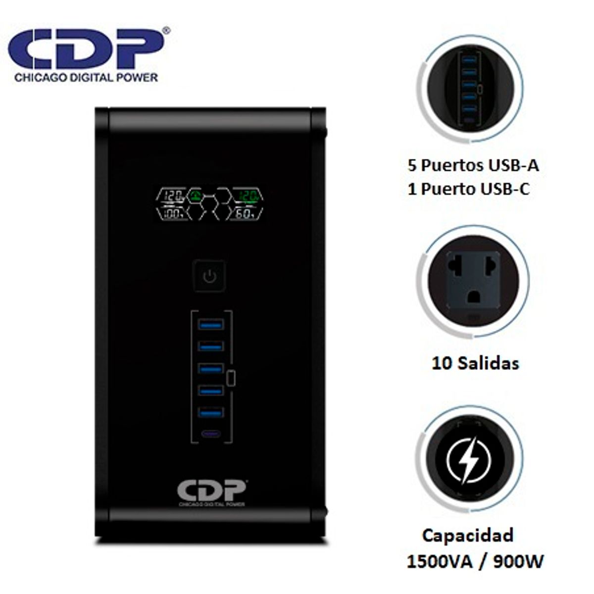 CDP - UPS CDP R-SMART1510I 1500VA / 900W / 10 SALIDAS / 5 PORT USB-A / 1  PORT USB-C BLACK