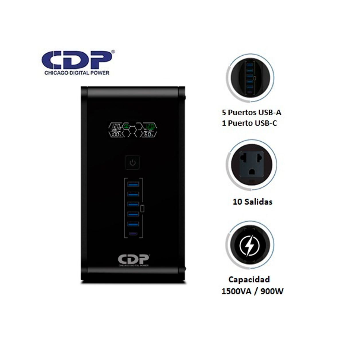 CDP - UPS CDP R-SMART1510I 1500VA / 900W / 10 SALIDAS / 5 PORT USB-A / 1  PORT USB-C BLACK