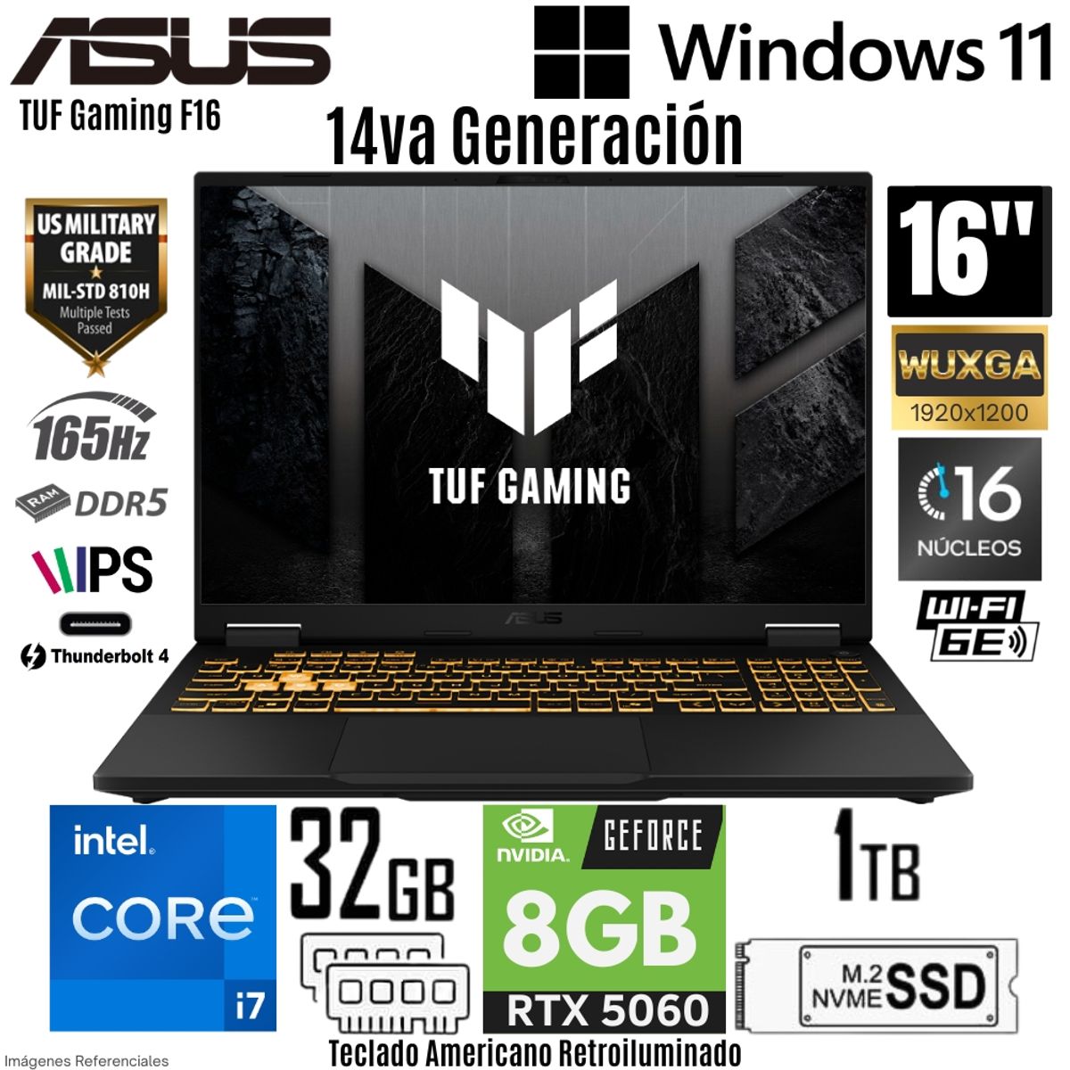 ASUS - Laptop Asus TUF Gaming F16 FX608JMR Intel Core i7 14650HX 32GB RAM 1TB SSD RTX 5060-8GB 16"  WUXGA