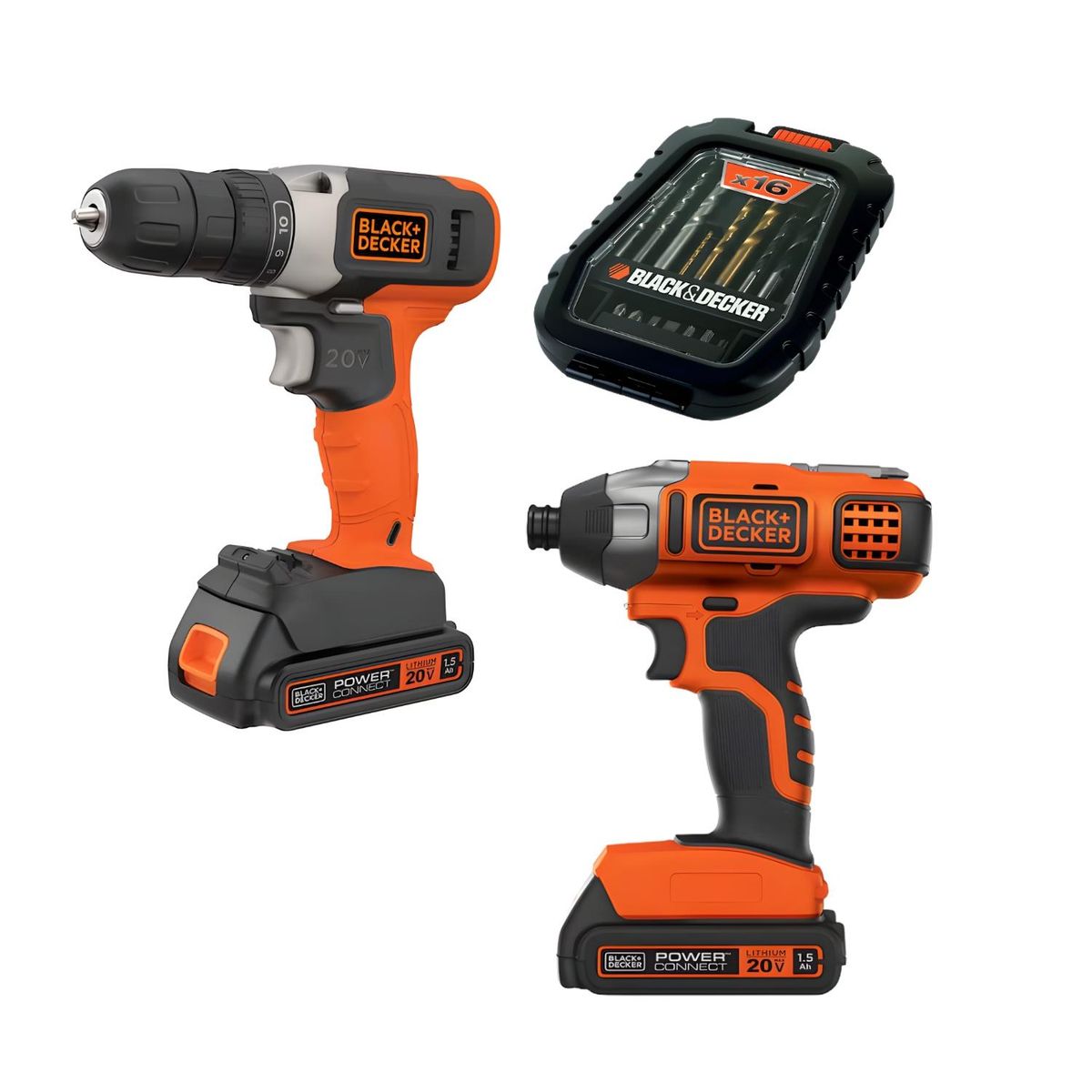 BLACK+DECKER - Kit Taladro y Atornillador 20V MAX + 16 Pzs Black&Decker