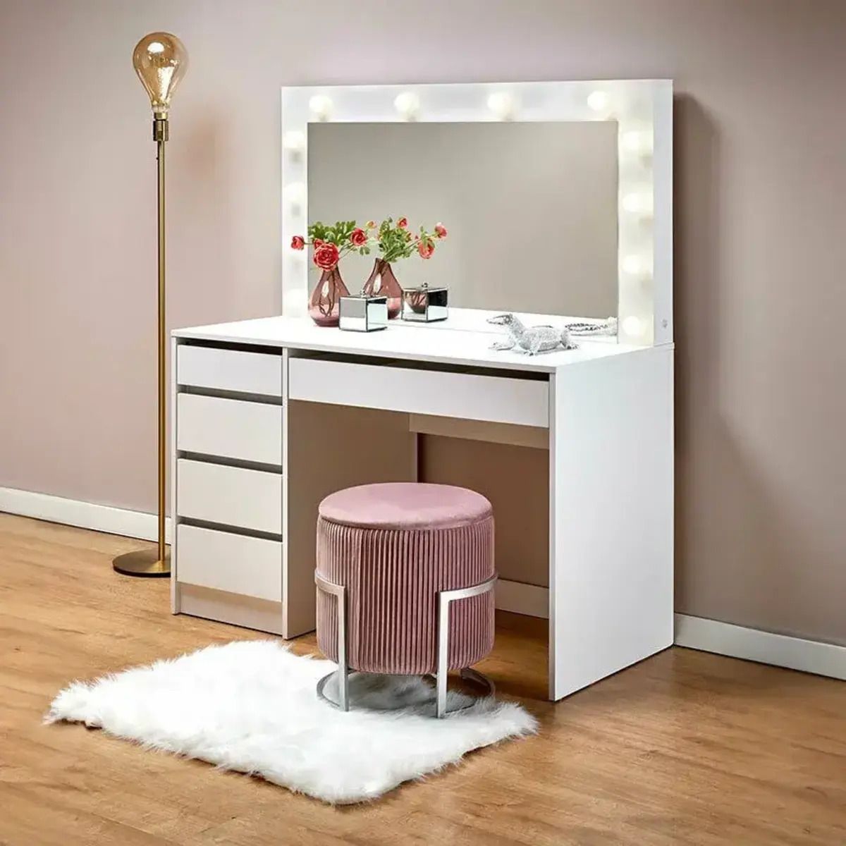 R&R MUEBLES - Tocador Moderno con Espejo y Luz LED Tatiana Blanco R&R MUEBLES